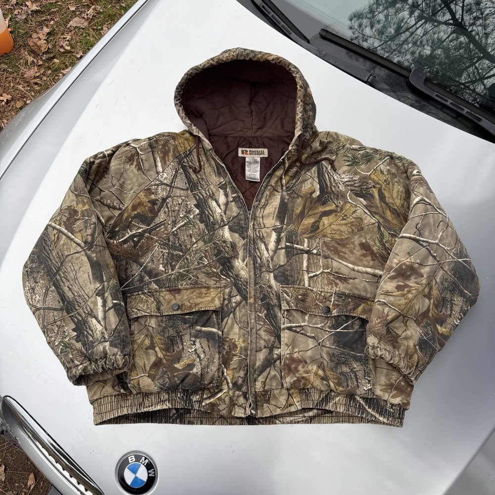 Vtg Camouflage Russell Outdoors Realtree Cargo Heavy Full Zip Hunting Jacket XXL